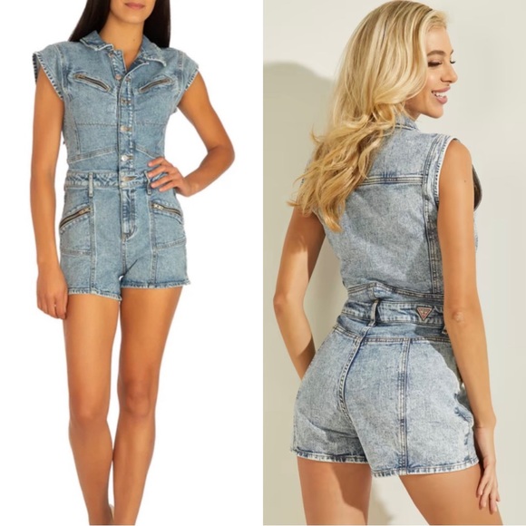 NWT Guess Denim Blue Jean Sleeveless Romper Jumpsuit XS - Picture 1 of 8